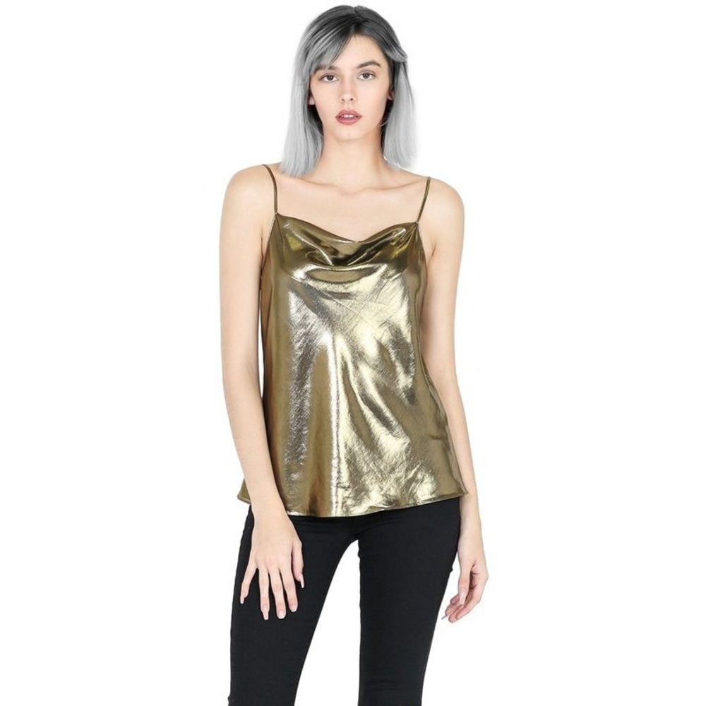 Misa Sadie Metallic Gold Cowl Neck Camisole Shimmer Spaghetti Strap Tank Top